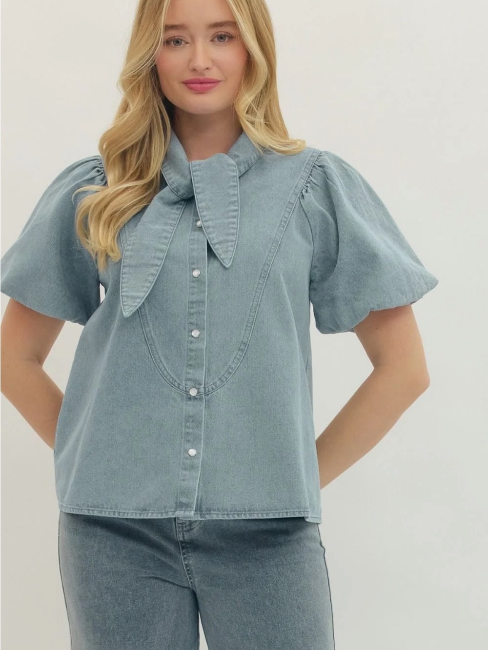entro Light Blue Denim Puff-Sleeve Button Front Shirt